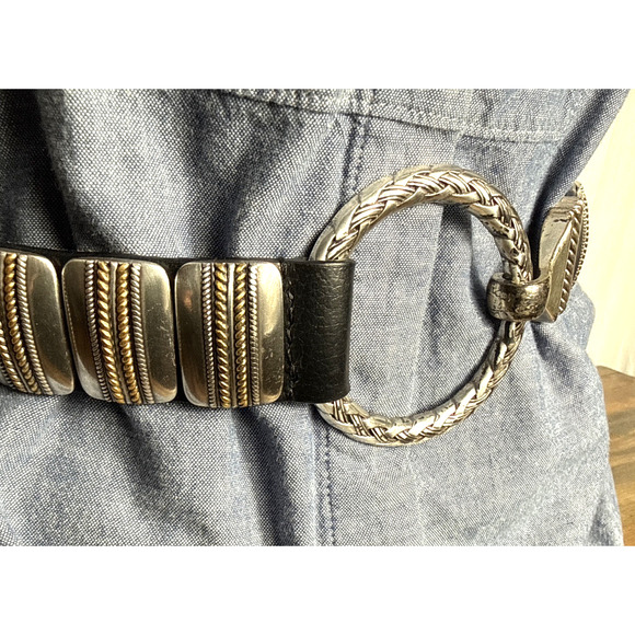 Chico\'s Black Leather Belt Silver Hardware Circle Buckle Size M/L Made in India